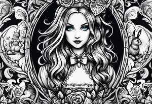 full arm sleeve very dark Alice in wonderland tattoo idea