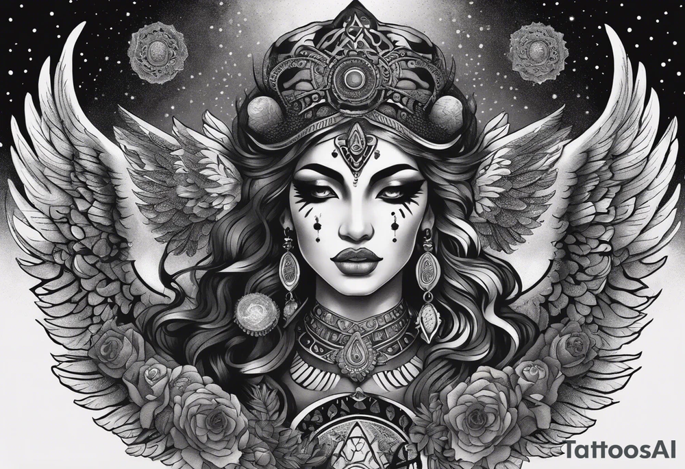 black kali, goddess pirate, alien, angel, pachamama, valkrye, warrior, flying, skull, lotus azul, wing, eagle, zenza resonance, stars, 5D, anahata chakra, death, durga, riding on a tiger, flying lady, kundalini, chest tatoo, samuri, rebel,serpent tattoo idea
