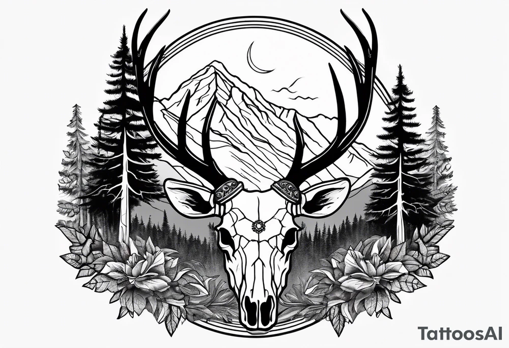 elk skull with mountains and trees tattoo idea