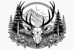 elk skull with mountains and trees tattoo idea