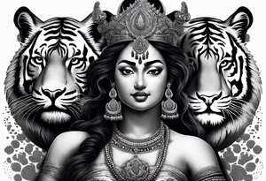 durga goddess, riding a tiger, kali, pirate, pachamama, chest tatoo, lotus, piarte tattoo idea