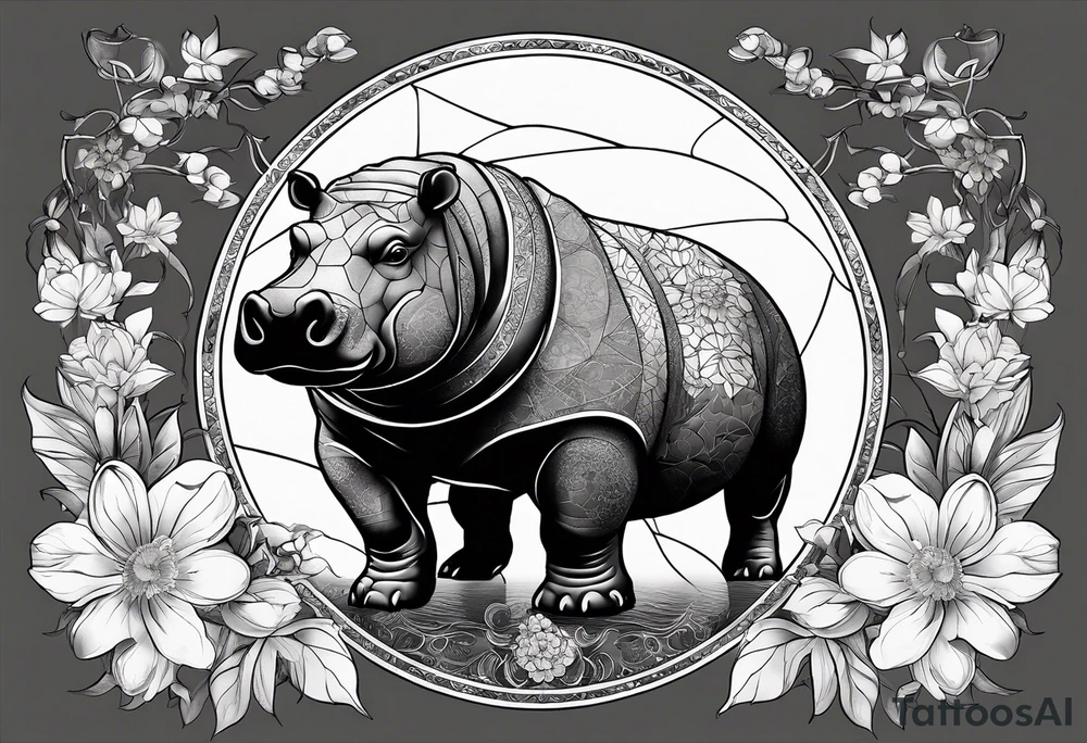 Very asymmetrical, +geometric pattern, with realistic full moon, with seeious looking hippo,,
with wintersweet flower bud, +portrait orientation, +inkart touch, tattoo idea