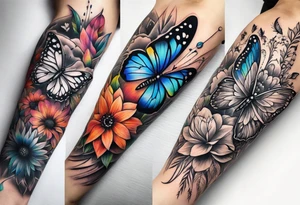 arm sleeve with dreamcatcher, rainbow flowers and one butterfly tattoo idea