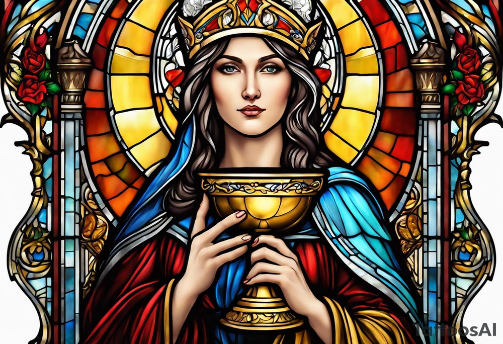 holy saint woman with halo stained glass holding a chalice with artillery tattoo idea