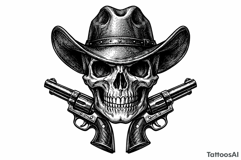 Victorian-era engraved skull, cowboy hat, two revolvers flanking its chin. tattoo idea