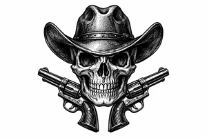 Victorian-era engraved skull, cowboy hat, two revolvers flanking its chin. tattoo idea
