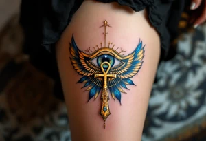 An Ankh resting atop the Eye of Horus, detailed in gold and deep blue, representing divine vision and protection. tattoo idea