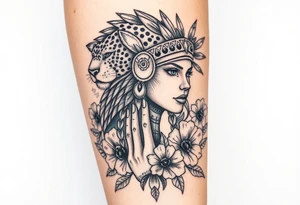 powerful beautiful women warrior with jaguar headdress surrounded by flowers and with a guiding hand tattoo idea