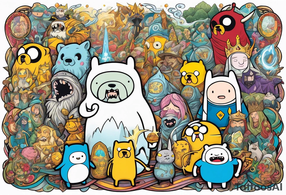 Full sleeve with adventure Time Characters, Finn, Jake, Lich King, Billy tattoo idea