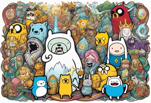 Full sleeve with adventure Time Characters, Finn, Jake, Lich King, Billy tattoo idea