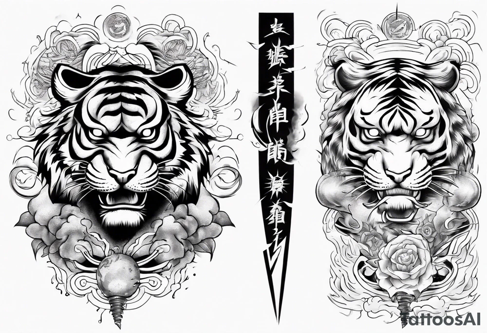 tiger warrior with lightning and the sun for a forearm sleeve tattoo idea