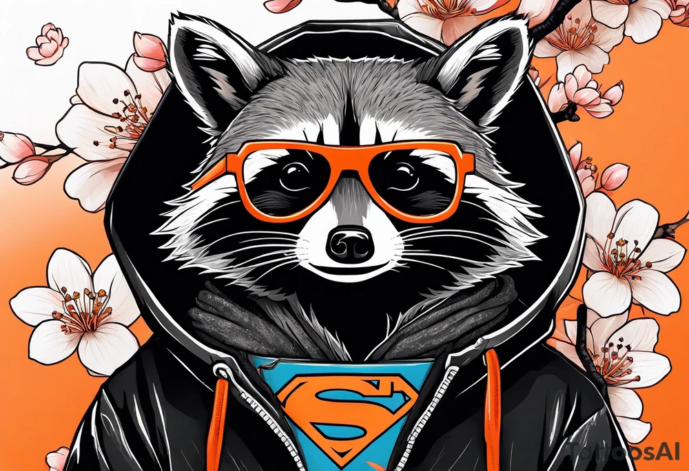 Raccoon wearing a white Superman logo on a black hoodie and orange Japanese cherry blossoms beside tattoo idea