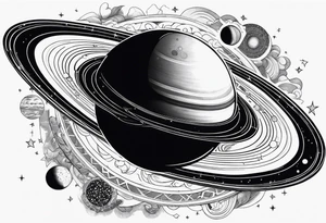 Saturn on a dense large black background with its satellites and stars tattoo idea