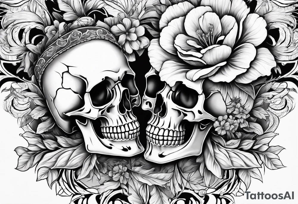 ta skeleton couple with bibiscus flowers. western style tattoo idea