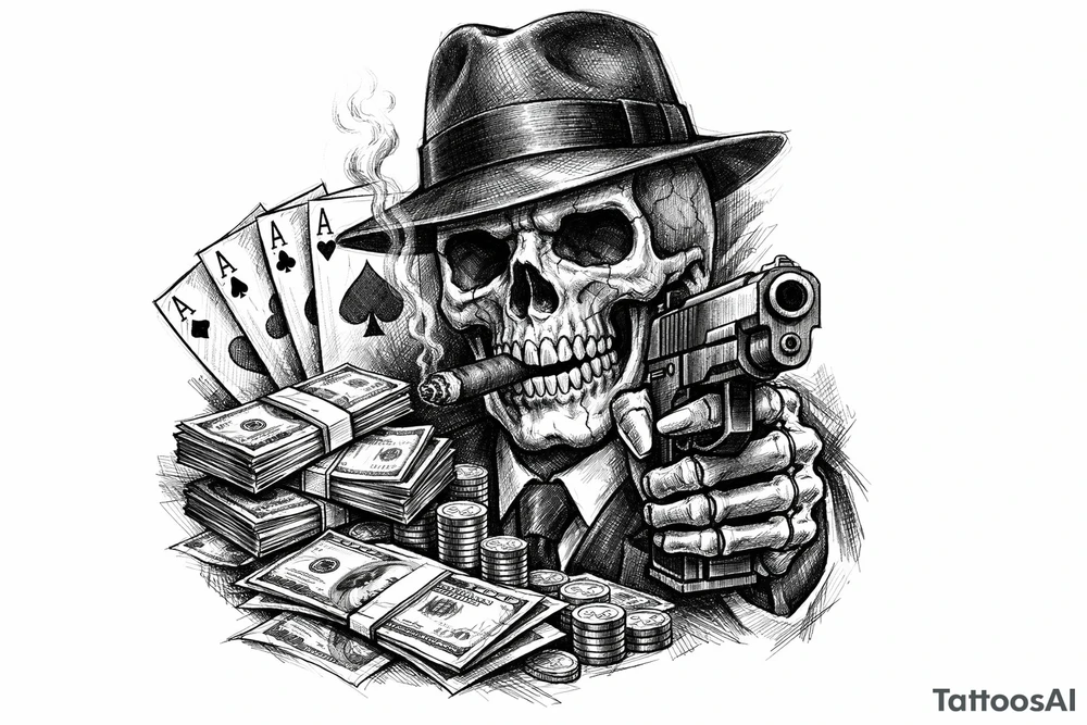 skull with gangster-hat,cigar in his mouth,gun in a hand,playing cards,a lot of money. tattoo idea
