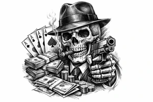 skull with gangster-hat,cigar in his mouth,gun in a hand,playing cards,a lot of money. tattoo idea
