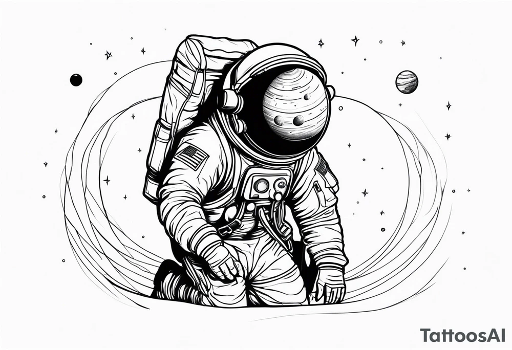 an astronaut hunched over in space from the back holding a planet in his hands tattoo idea