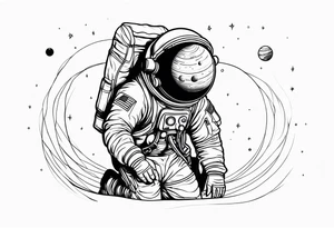 an astronaut hunched over in space from the back holding a planet in his hands tattoo idea