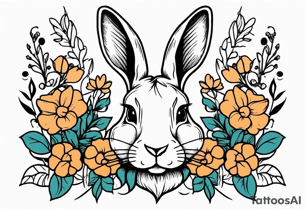 Rabbit head and flowers tattoo idea