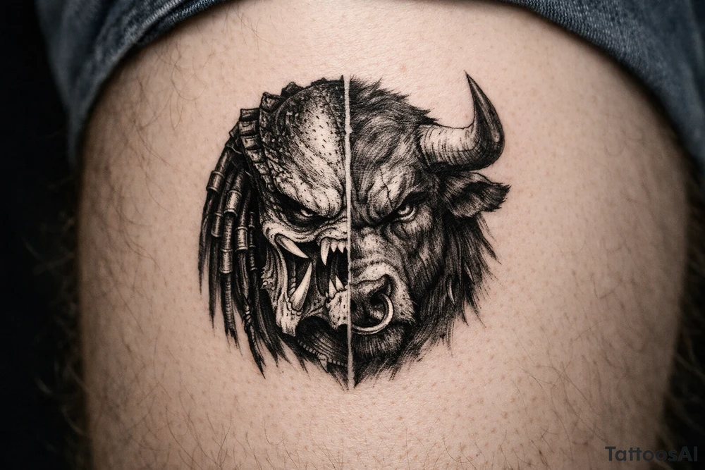 a face half predator half bull tattoo idea