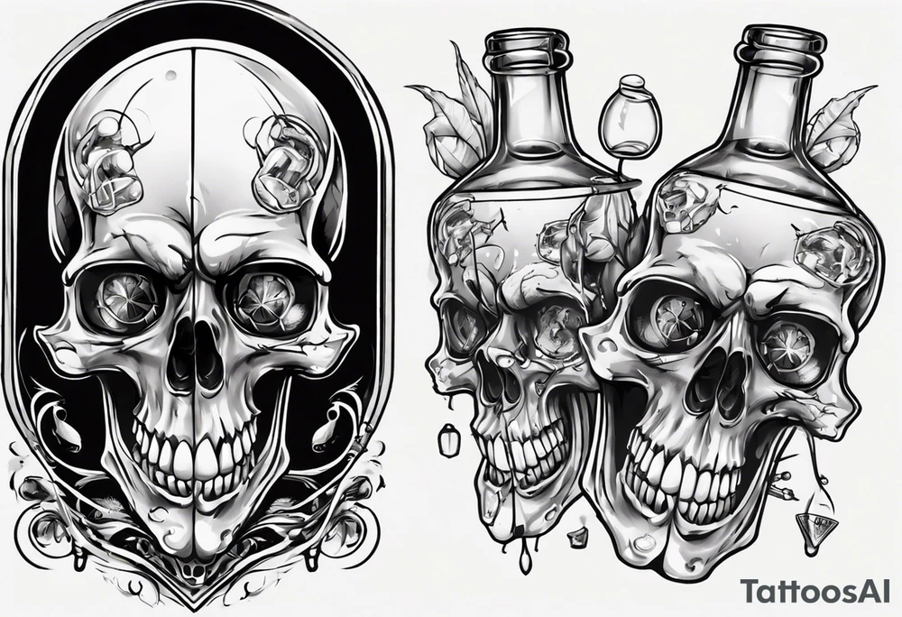 A smiling looking to the left scull inside the glass with alcohol and piece of lime tattoo idea