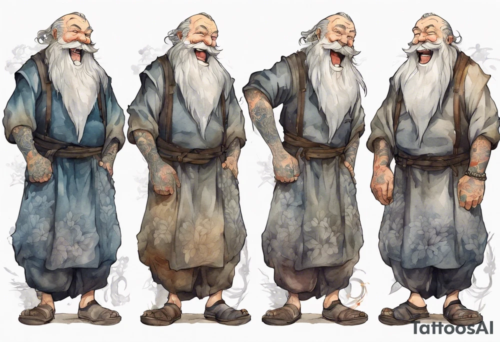 full portrait a large medieval man with a grey beard laughing tattoo idea