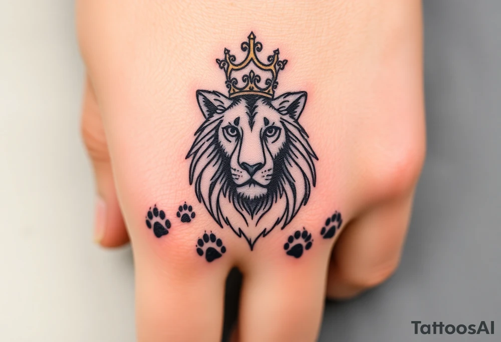 powerful goregous
 lioness with a crown, surrounded by cub prints tattoo idea