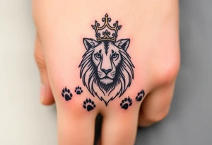 powerful goregous
 lioness with a crown, surrounded by cub prints tattoo idea