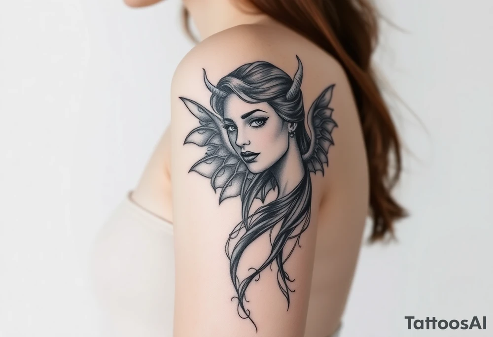 beautiful woman Who is half a angel and half demon tattoo idea