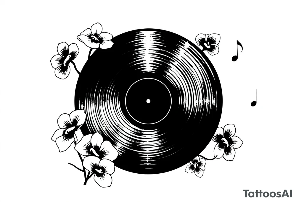 one black and white vinyl record with mushrooms, orchids, and music notes around it tattoo idea