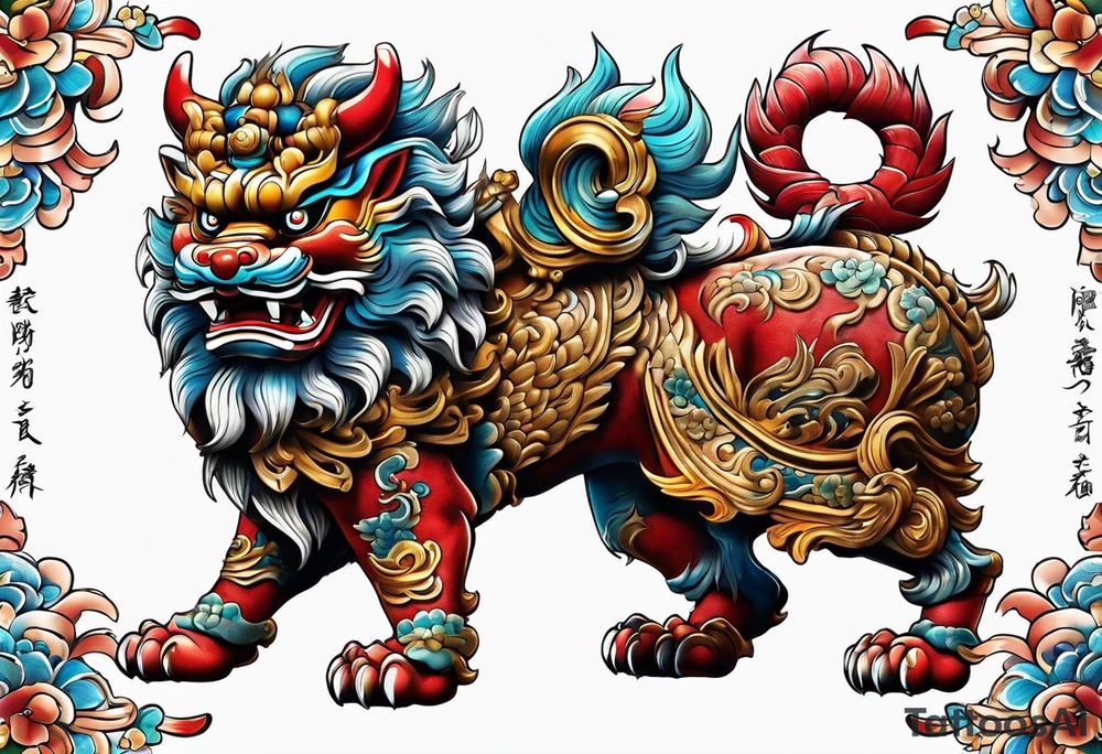 Two full body, Okinawa shisa standing on all fours, facing each other. tattoo idea