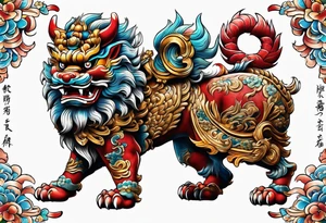 Two full body, Okinawa shisa standing on all fours, facing each other. tattoo idea