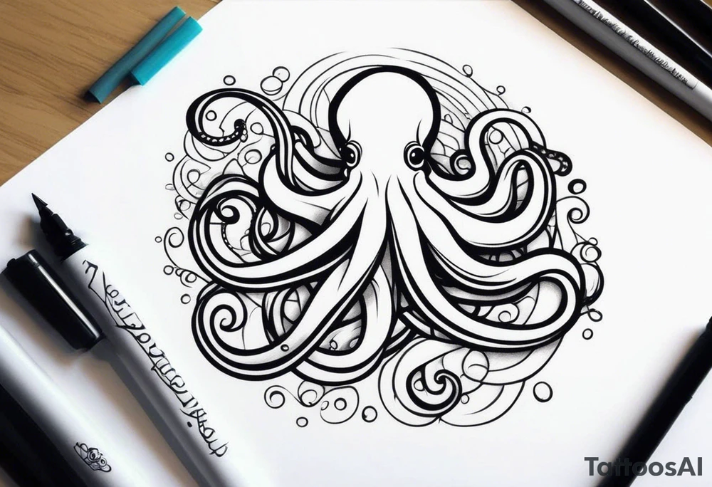 Tribal half sleeve. octopus surrounded by ribbons of water waves filled with fish. the octopus has small eyes. Use thick lines only with less detail. tattoo idea