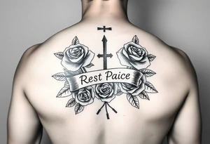 Hip hop religious rest in peace with roses and a banner for a name arm tattoo tattoo idea