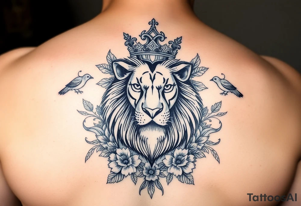 powerful majestic lion with a crown, surrounded by floral ornaments and birds tattoo idea