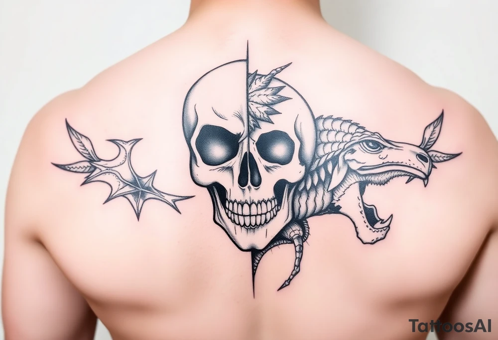 Diseño dividido: mitad rostro humano, mitad calavera, o mitad animal. tattoo idea