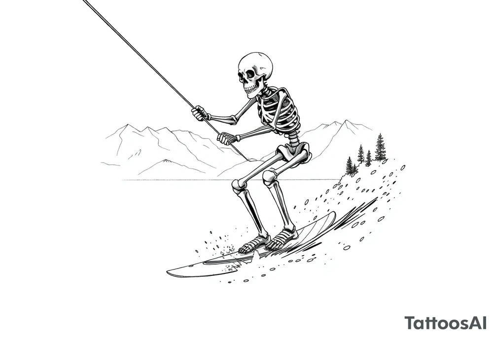 skeleton wakeboarding on lake, holding onto rope, 
mountains in the background tattoo idea