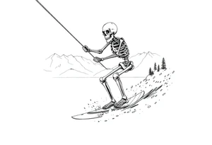 skeleton wakeboarding on lake, holding onto rope, 
mountains in the background tattoo idea