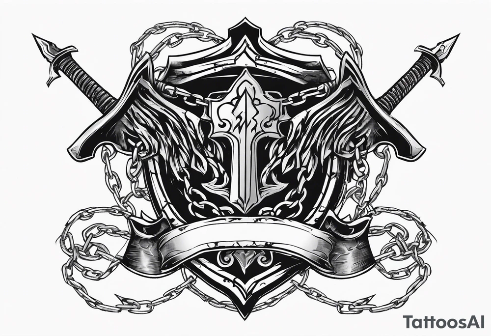 Valhalla sword round
shield axe barbed wire chains dark cloud lightning tattoo idea