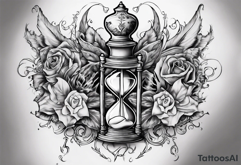 lots of filagree on the chest going onto the shoulder.  include an hour glass tattoo idea