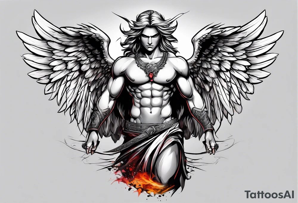 angry angel standing tattoo idea