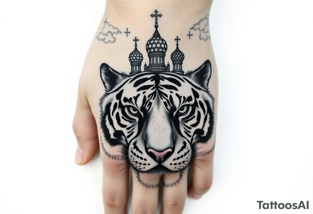 Realistic relic style tiger face on the back of the hand with strong contrast and fine detail with its eyes completely black. with a highly detailed Russian Orthodox cathedral sitting above on fore arm with onion domes and orthodox crosses, done in fine line, engraving-like style. Cohesive composition, black ink only, no color, high contrast, slightly aged, documentary-style, plain light background. with clouds above and a virgin mary 
spanning from my hand to lower fore arm tattoo idea