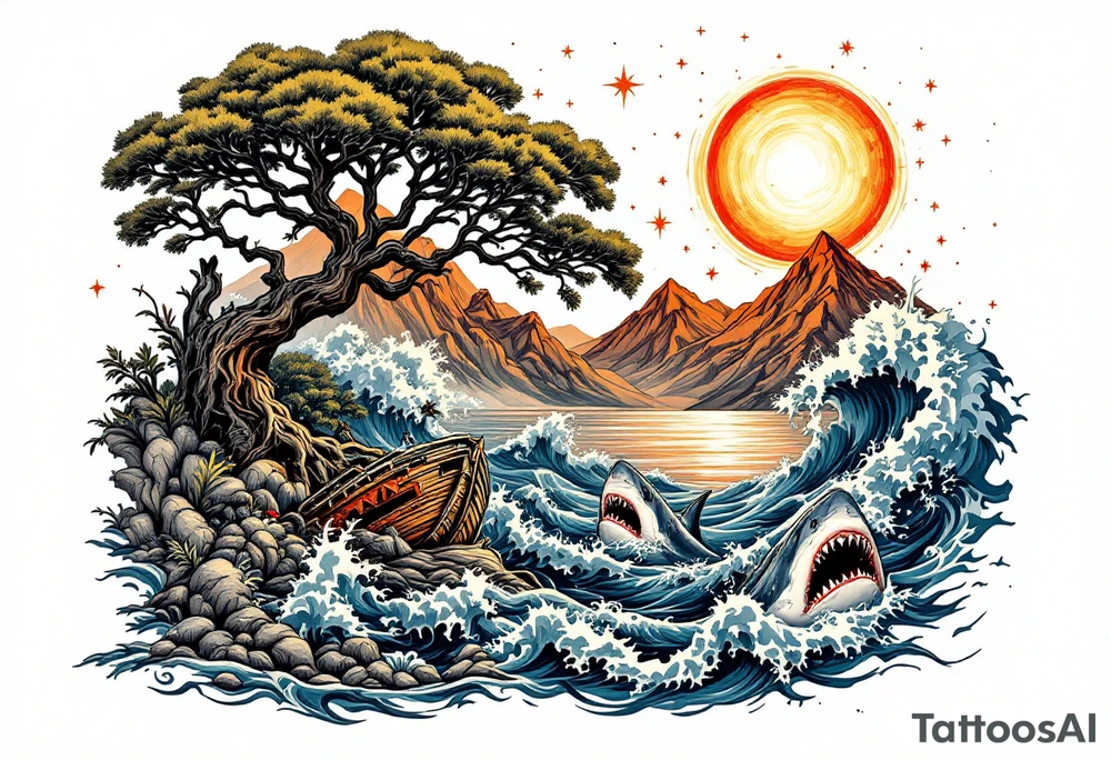 tattoo that has an acacia tree with mountains, ocean with a ship wreck with sharks and the bright northern star tattoo idea