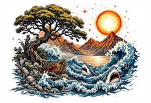 tattoo that has an acacia tree with mountains, ocean with a ship wreck with sharks and the bright northern star tattoo idea