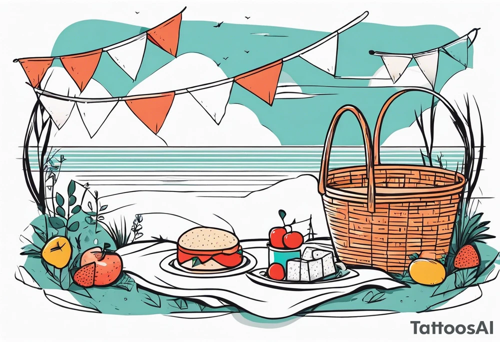 Very light and minimalstic picnic scene in nature. A blanket, picnic-basket with lid, pillows and pennants. Thin lines. tattoo idea