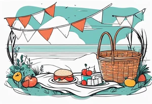 Very light and minimalstic picnic scene in nature. A blanket, picnic-basket with lid, pillows and pennants. Thin lines. tattoo idea