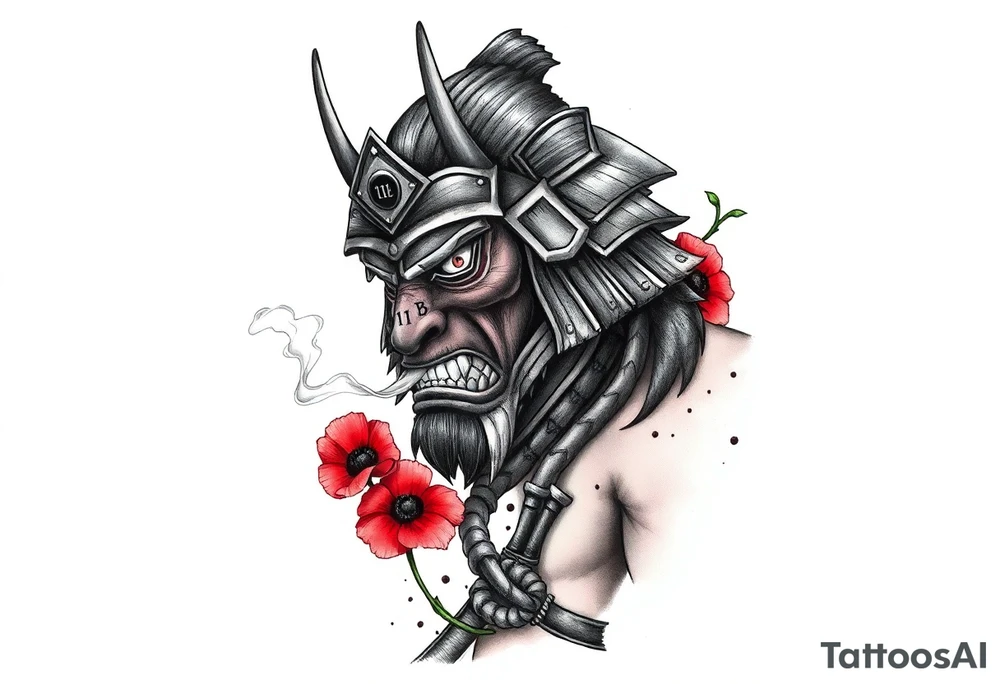 Ronin with smoke coming out of its mouth with 11b tattooed under its left eye with 1 poppy on each side of the ronin tattoo idea