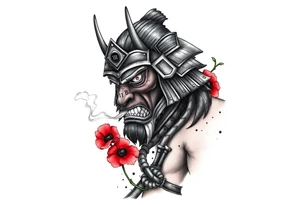 Ronin with smoke coming out of its mouth with 11b tattooed under its left eye with 1 poppy on each side of the ronin tattoo idea