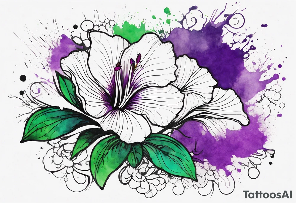 An outline of a rio dipladenia flower with a green and purple watercolor blotch splatter in the background tattoo idea