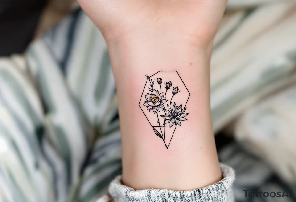 Leo symbol, larkspur and water lily surrounded by a hexagon tattoo idea